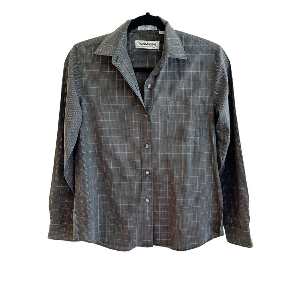 Diane Von Furstenberg Vintage Plaid Cotton Button Up Shirt Grey Size 10